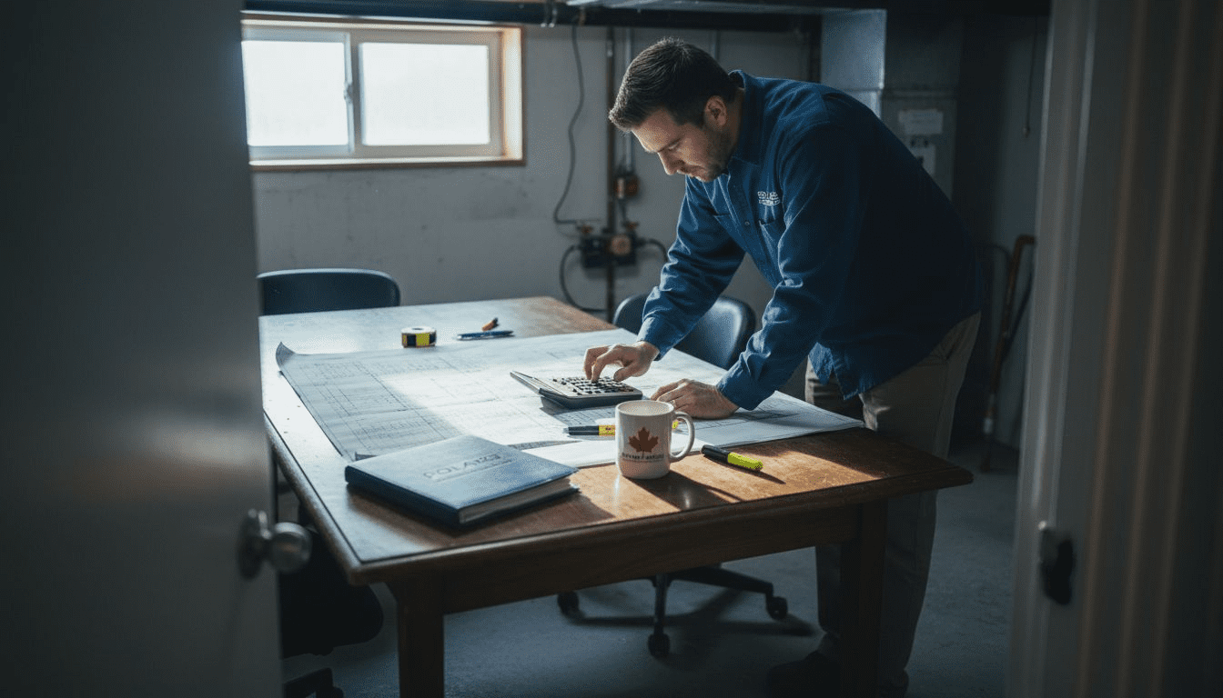 Technician reviewing load calculations at cluttered table