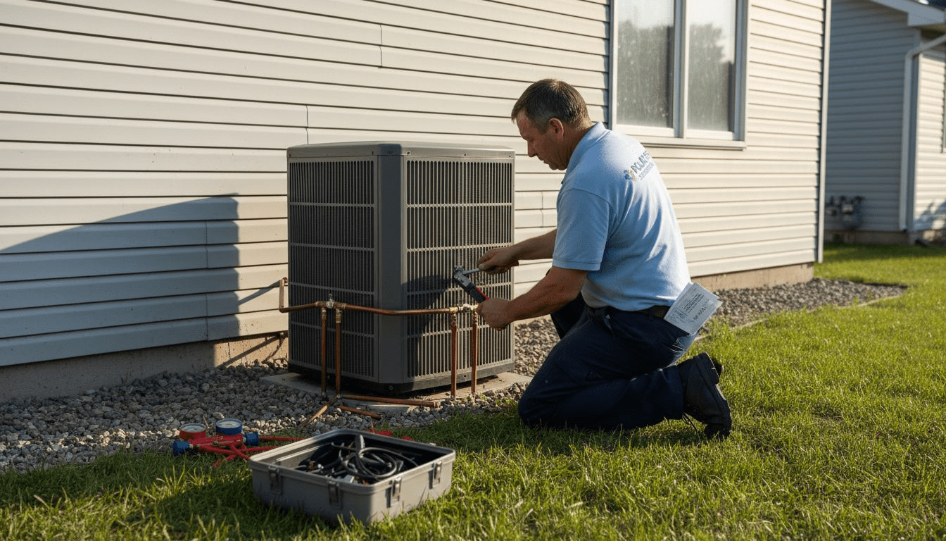 Technician installing heat pump unit outside home