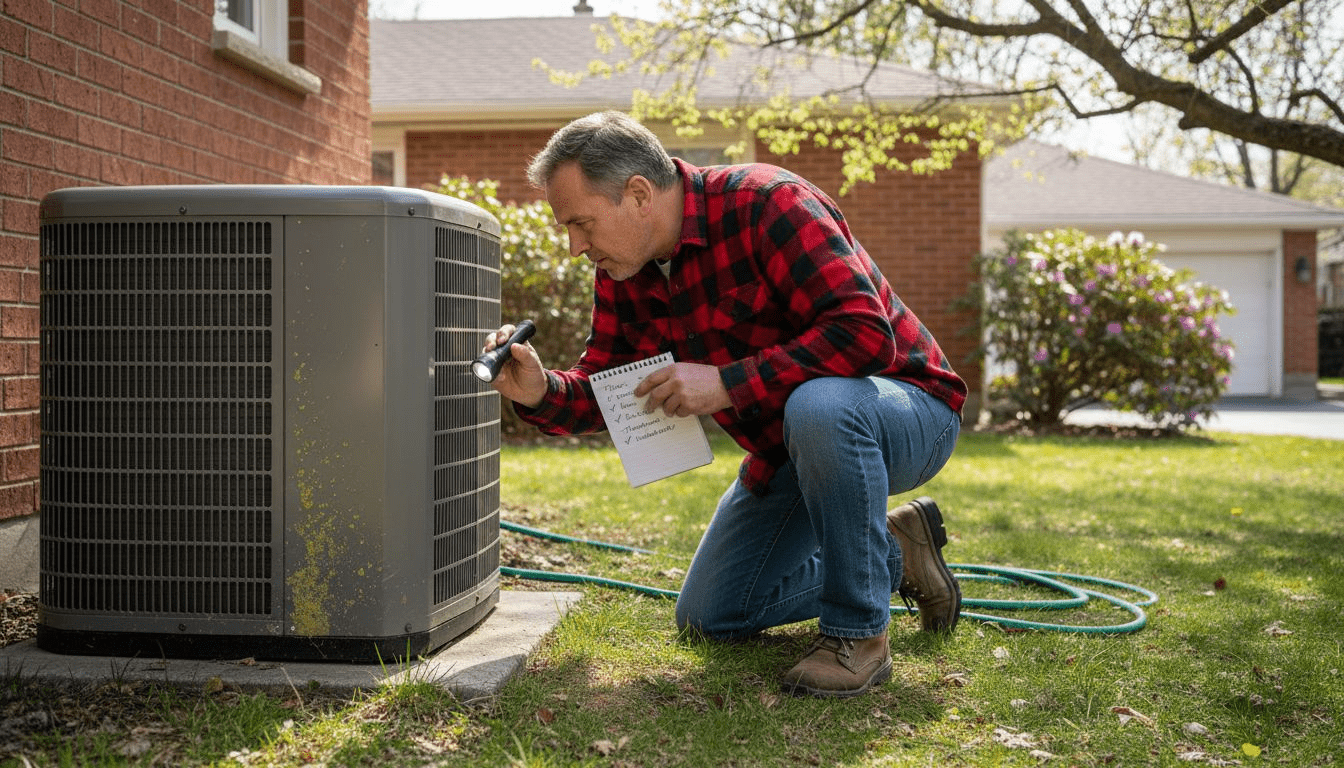 Homeowner inspecting outdoor heat pump unit