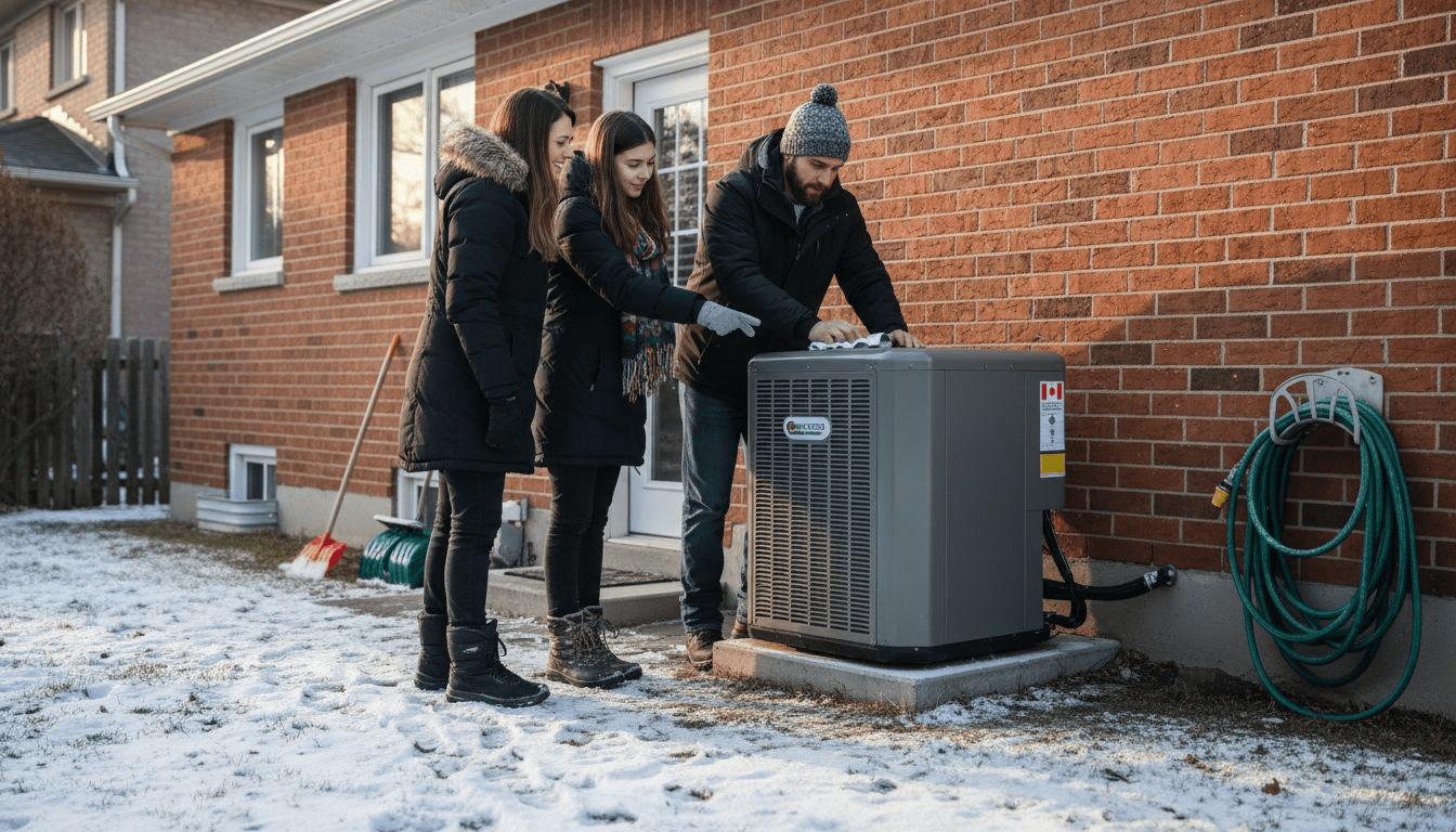 Canadian family checking exterior heat pump in winter
