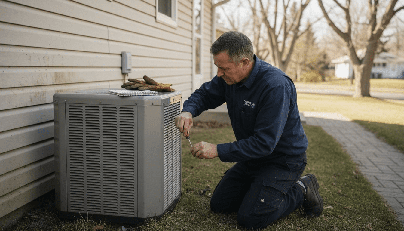 Technician installing heat pump beside suburban house