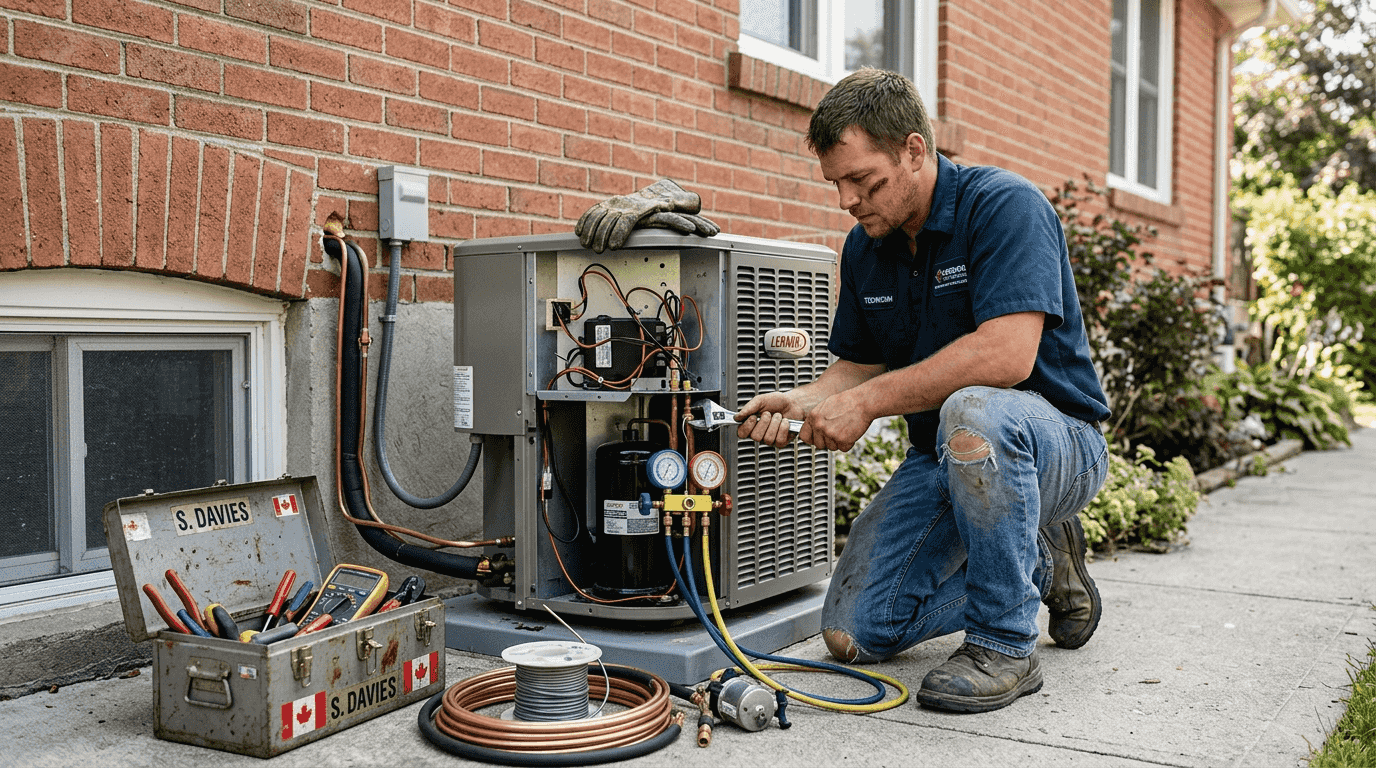 Technician working on outdoor heat pump unit