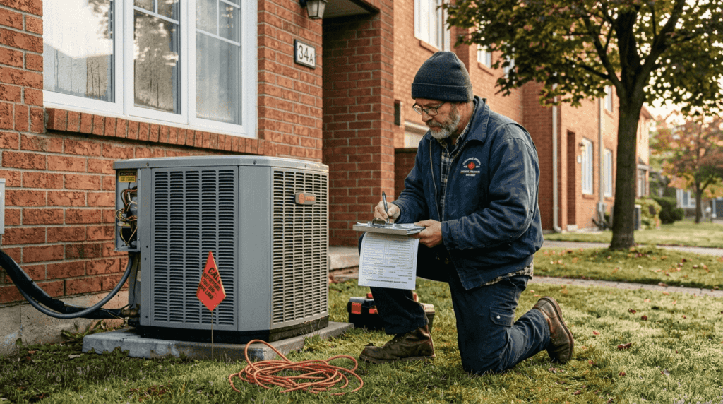 Technician inspecting heat pump outside home