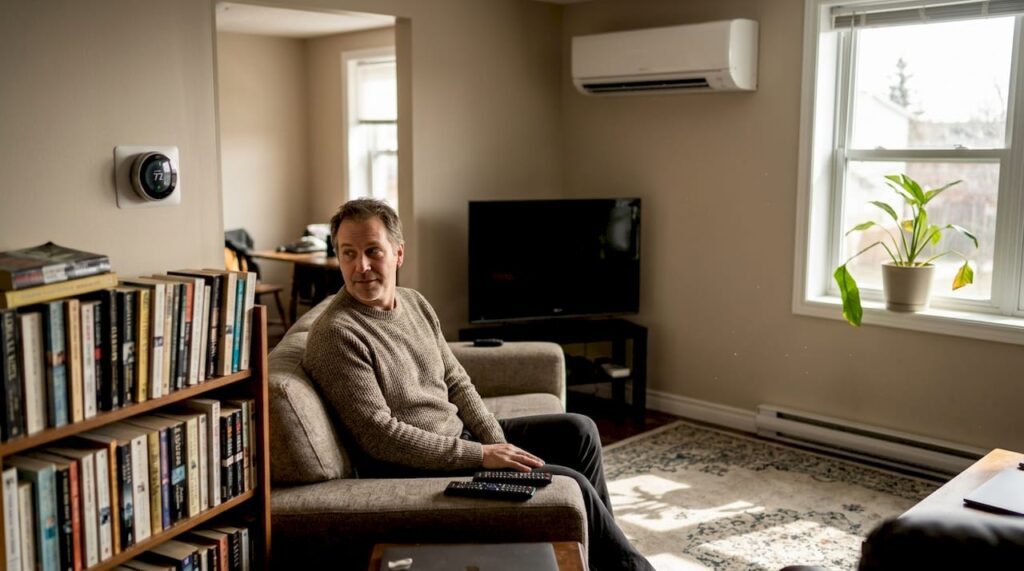 Man adjusts thermostat near heat pump in living room