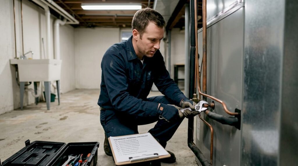 Technician disconnects heat pump in home basement