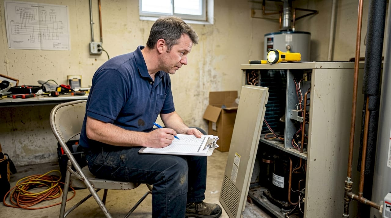 Technician reviewing heat pump component checklist