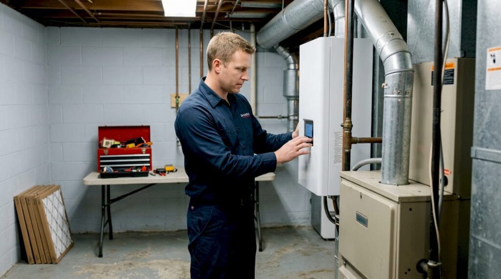 Technician compares heat pump and furnace units