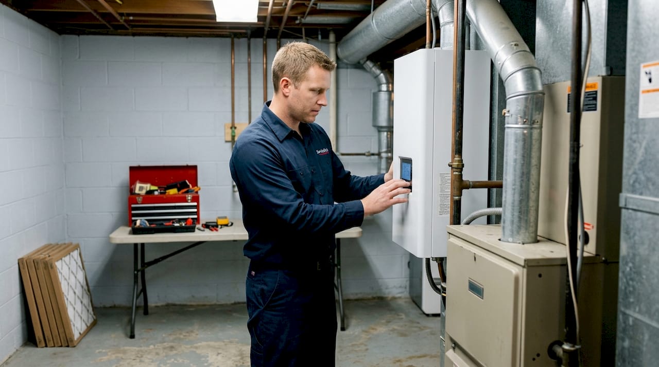 Technician compares heat pump and furnace units