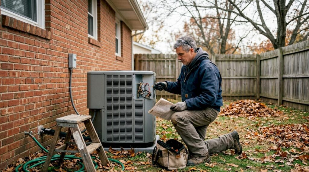 Technician installing heat pump unit outdoors