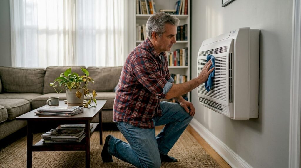 Homeowner cleaning heat pump vent in living room