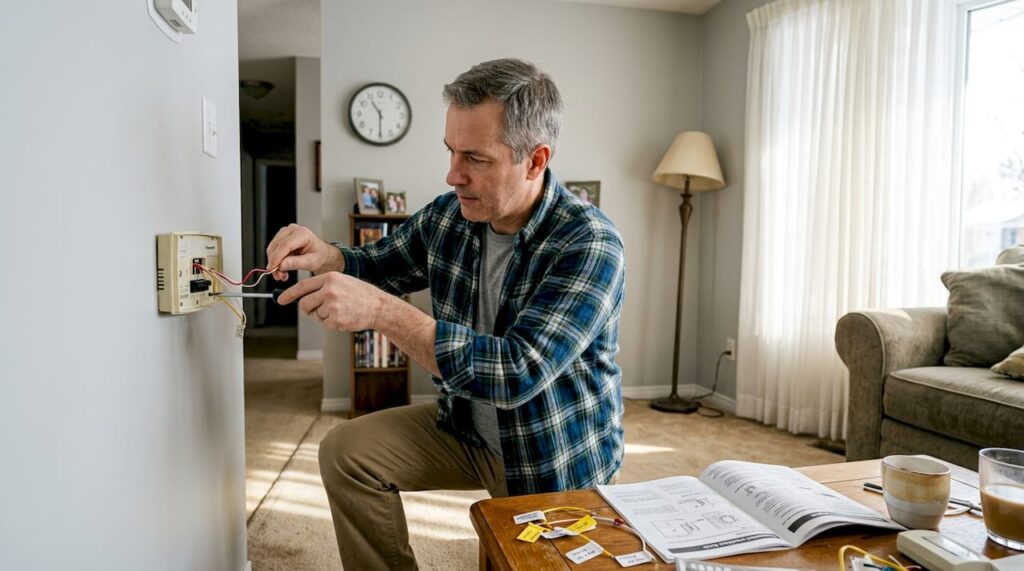 Homeowner installing thermostat in living room
