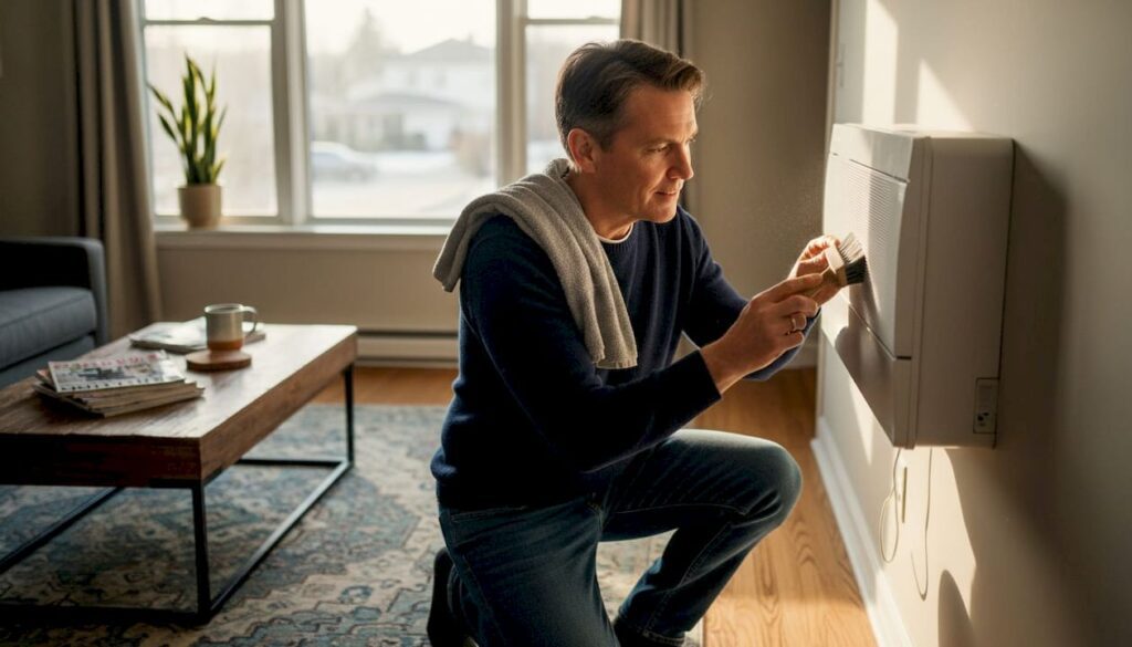 Homeowner cleaning wall-mounted heat pump unit