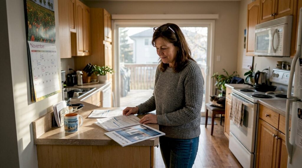Homeowner reviews heat pump choices in kitchen