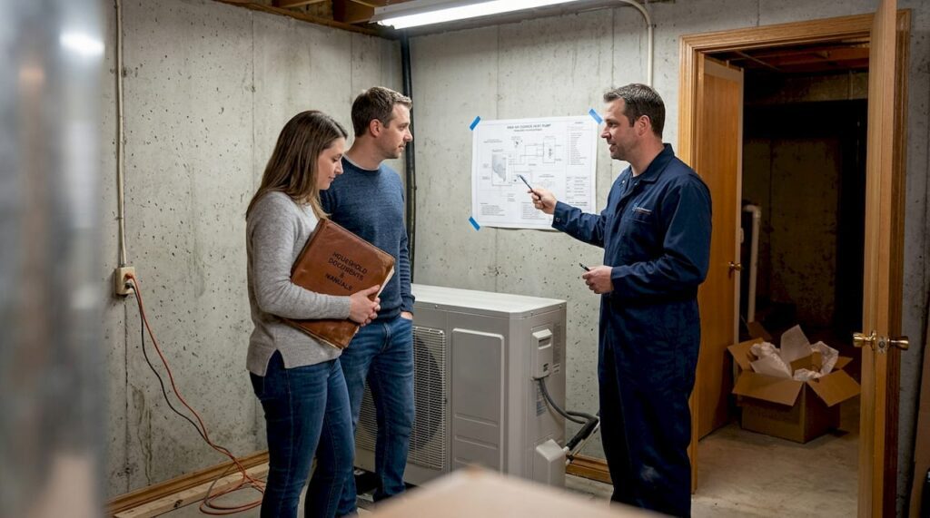 Homeowner and installer discuss heat pump plan