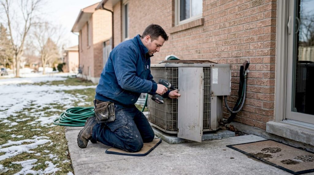 Technician inspecting outdoor heat pump unit