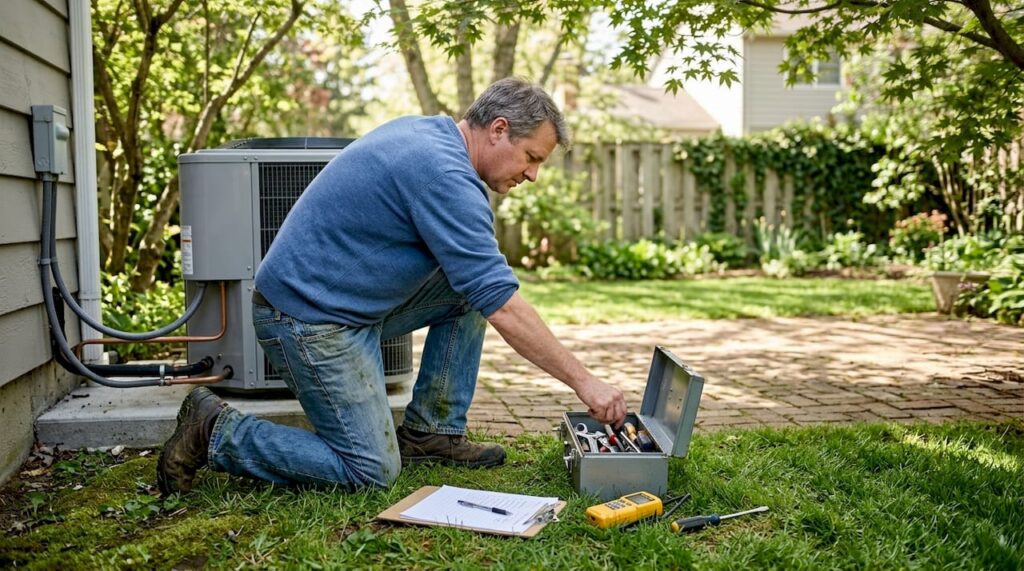 Homeowner prepares to check heat pump leaks