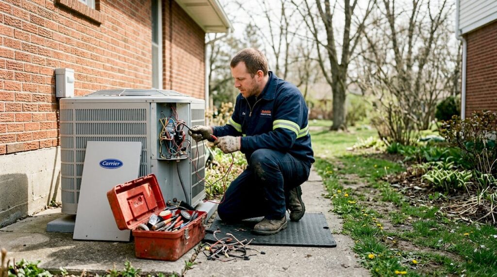 Technician installing heat pump at family home