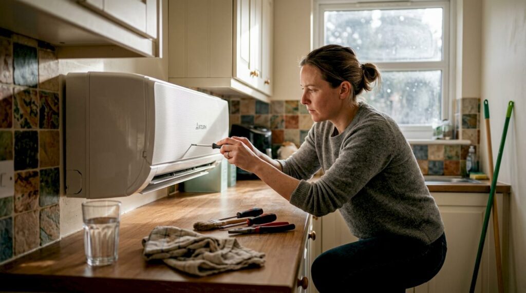Homeowner using basic heat pump tools in kitchen