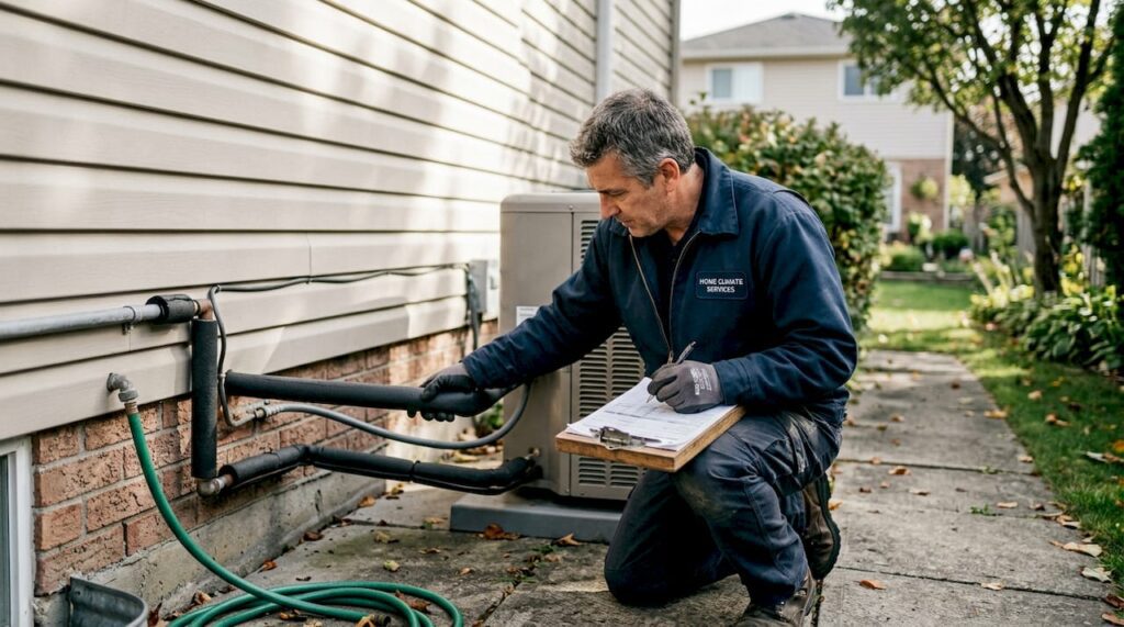 Technician checks heat pump pipe insulation outside house