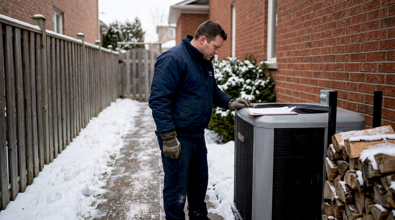 Technician inspecting heat pump unit in winter