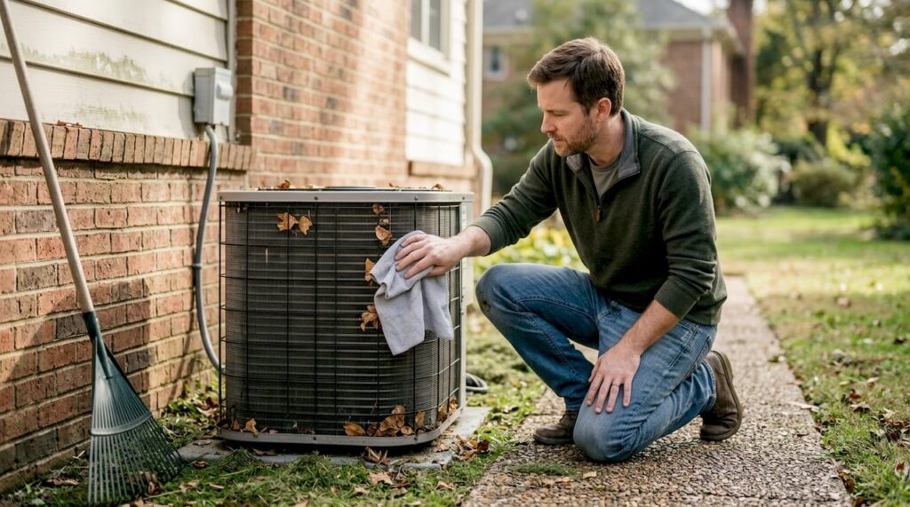 Homeowner cleans heat pump unit outdoors