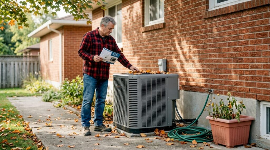 Homeowner checks heat pump unit outside house