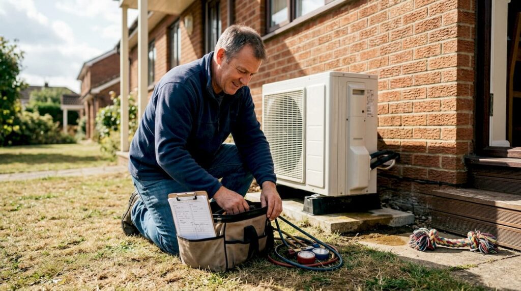 Homeowner preparing tools for heat pump test