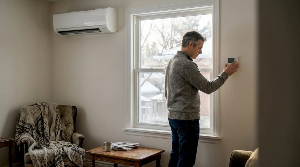 Homeowner adjusting heat pump thermostat