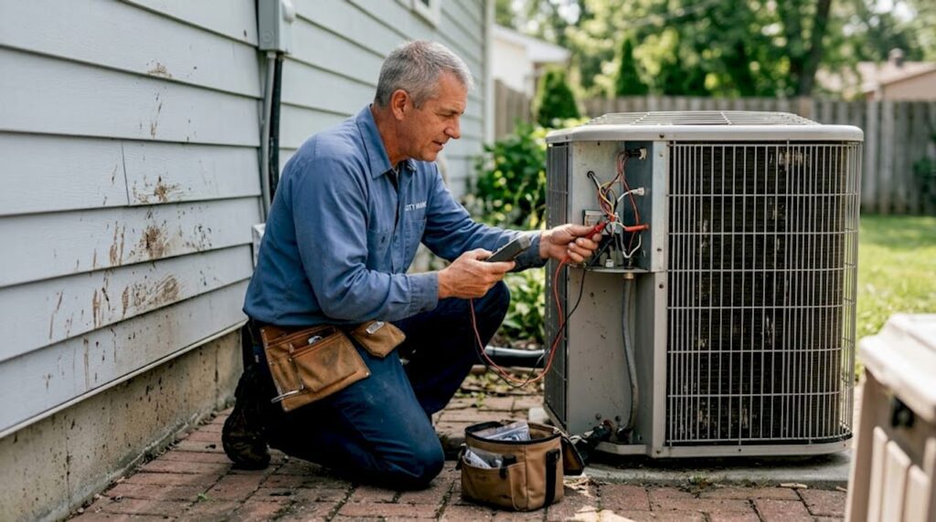 Technician checking residential heat pump outdoors