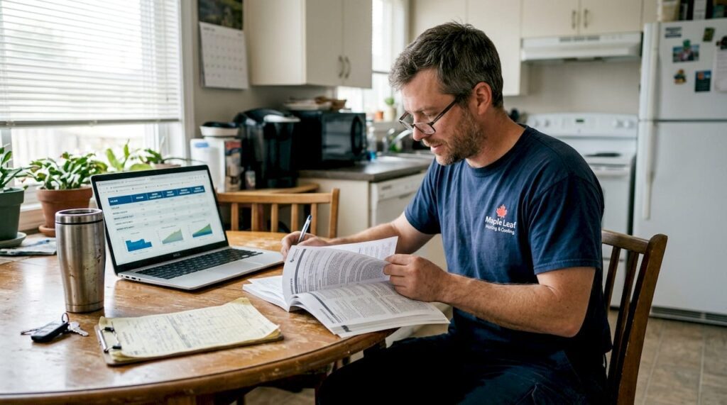 Technician reviewing heat pump warranty paperwork