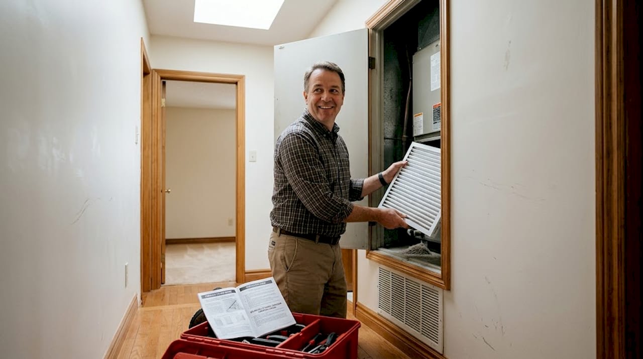Homeowner replacing air handler filter in hallway