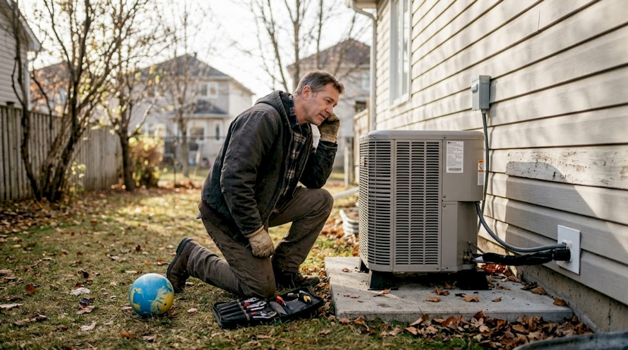 Homeowner checking heat pump noise outdoors